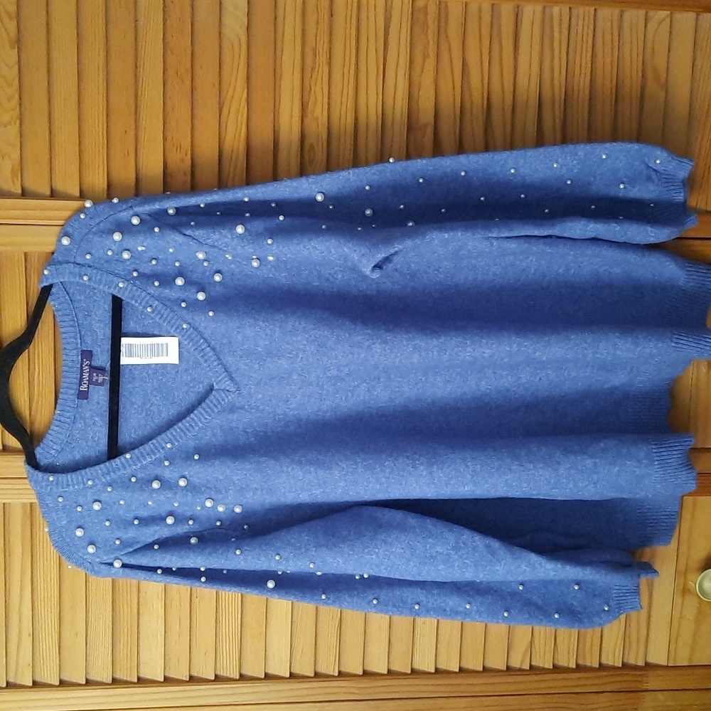 Roaman's NWT Blue Wool Blend VNeckline Pearl Sleeves Sweater Size 2X 26/28